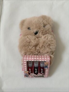 Plush Tan Small Pets Bear Bag with Pink-Checked Lip Oil Gift Set